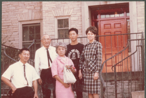 Five people standing outside building (ddr-densho-523-442)