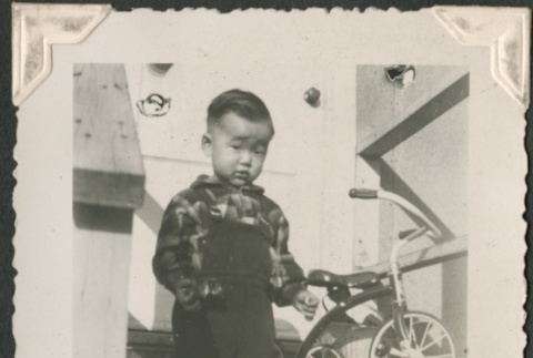Toddler with a tricycle on porch steps (ddr-densho-321-240)