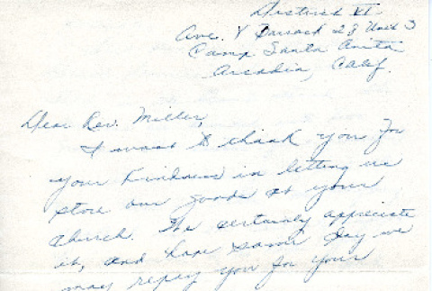 Letter from Rose Tani to Rev. [Wendell L.] Miller, circa 1942 (ddr-csujad-20-8)