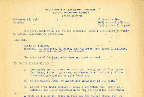 Heart Mountain Relocation Project Fourth Community Council, 1st session (February 13, 1945) (ddr-csujad-45-5)