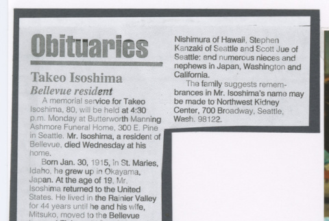 Takeo Isoshima's obituary (ddr-densho-477-717)