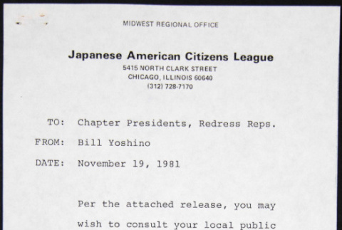 Memo to Chapter Presidents, Redress Reps from Bill Yoshino (ddr-chijacl-1-276)