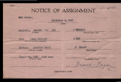 Notice of assignment, WRA-21, George Hideo Nakamura (ddr-csujad-55-2173)
