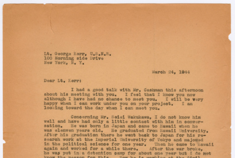 Letter from Ai Chih Tsai to Lt. George Kerr (ddr-densho-446-133)