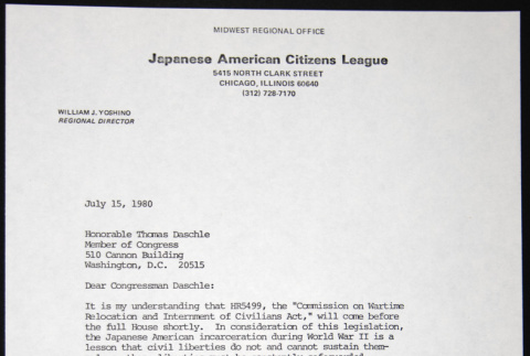 Letter to Thomas Daschle from William Yoshino (ddr-chijacl-1-304)