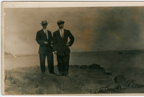 Two men standing on shore (ddr-densho-355-8)