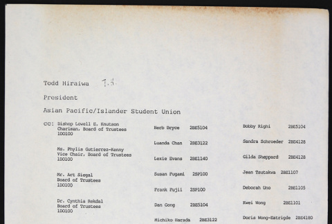 Mailing list for Asian Pacific/Islander Student Union (ddr-densho-530-31)