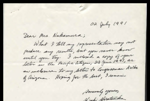 Letter from Sigeki Hiratsuka to Mrs. [Dorothy] Nakamura, July 2, 1991 (ddr-csujad-55-2065)