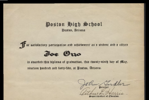 Poston High School diploma for Joe Ono (ddr-csujad-55-142)