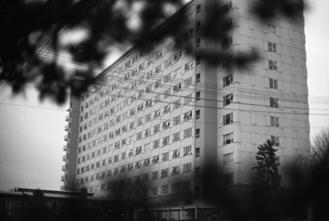 Looking through foliage at Seattle University dormitory (ddr-densho-354-2067)
