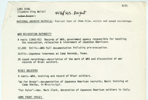 List of National Archive material for Nisei Soldier (ddr-densho-1007-1463)