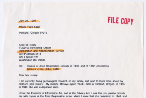 Letter to Alice Neary from Miyuki (Yabe) Yasui (ddr-ohs-1-70)