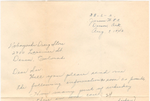 Letter sent to T.K. Pharmacy from  Jerome concentration camp (ddr-densho-319-378)