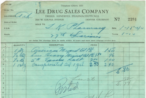 Invoice from Lee Drug Sales Company (ddr-densho-319-517)