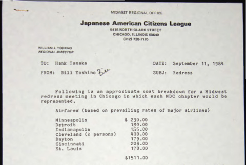 Memo to Hank Tanaka from Bill Yoshino (ddr-chijacl-1-708)