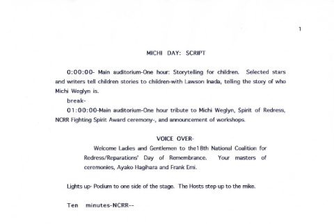 [Speeches for the Day of Remembrance celebration and tribute to Michi Weglyn, February 21, 1998] (ddr-csujad-24-195)