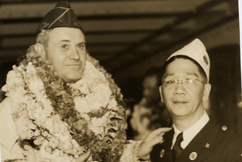 Two military men, one wearing leis (ddr-njpa-1-776)