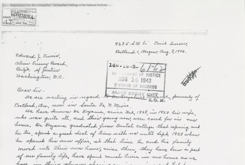 Letter from A.C. Goodenough to Edward J. Ennis, Director, Enemy Alien Control Unit. Page 1 of 2. (ddr-one-5-219)