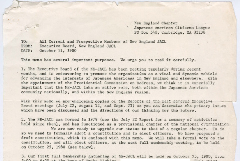 Memo to NE JACL members with attached meeting notes (ddr-densho-523-763)
