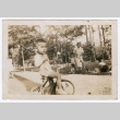 Photo of a child riding a tricycle with another child and a woman in the background (ddr-densho-483-743)
