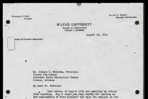 Letter from John R. Moseley, Admissions Counselor, Wayne University to Mr. Dallas C. McLaren, Principal, Poston Two School, August 23, 1944 (ddr-csujad-55-1878)
