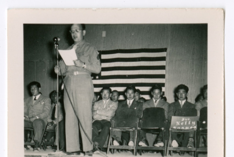 White man in uniform giving speech (ddr-densho-475-344)