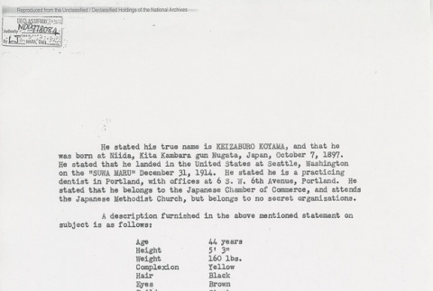 Case file for Keizaburo Koyama from the Federal Bureau of Investigation. Page 5 of 6. (ddr-one-5-102)