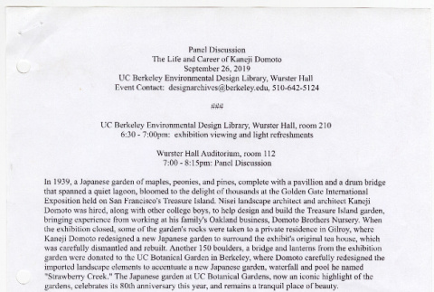 Flyer on Panel Discussion of Life and Career of Kaneji Domoto (ddr-densho-377-3078)