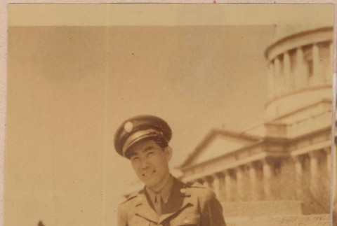 Soldier in front of the Utah State Capitol (ddr-manz-10-37)