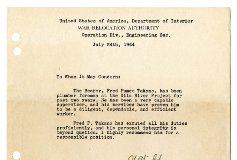 Letter from W. S. Hislop, Sr. Plumber Foreman, Ass't. Supt. of Construction, Operation Division, Engineering Section, War Relocation Authority, United States of America Department of Interior, July 24, 1944 (ddr-csujad-42-100)