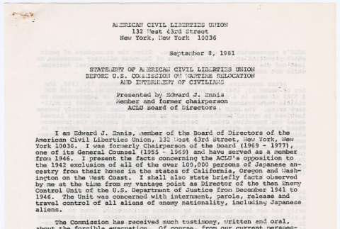 Statement of American Civil Liberties Union (ACLU) to Commission on Wartime Relocation and Internment of Civilians (CWRIC) (ddr-densho-122-271)