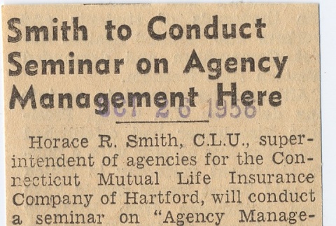Photograph and short article regarding Connecticut Mutual Life Insurance superintendent (ddr-njpa-2-1167)