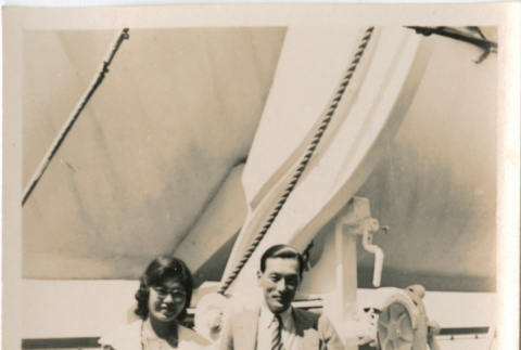 Tomoye (Nozawa) Takahashi with man on board the S.S. Taiyo Maru (ddr-densho-426-1546)