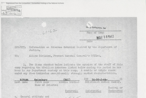 Information on Internee Behavior Desired by the Department of Justice (ddr-one-5-184)