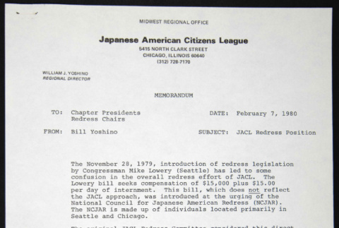 Memo to Chapter Presidents from Bill Yoshino on official JACL Redress Committee Position (ddr-chijacl-1-220)