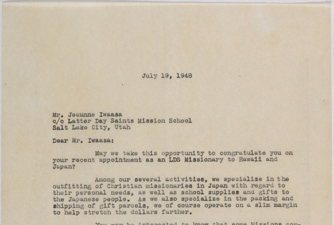 Letter from Teiko Kuroiwa, Takahashi Trading Company to Jeaunne Iwaasa (ddr-densho-424-846)