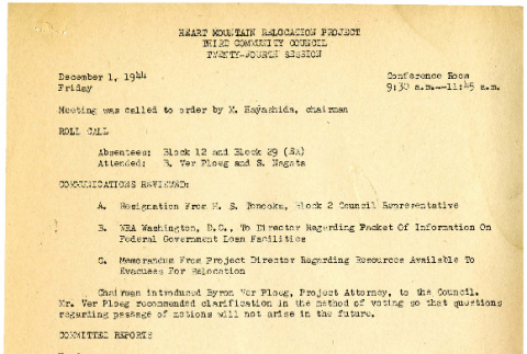 Heart Mountain Relocation Project Third Community Council, 24th session (December 1, 1944) (ddr-csujad-45-4)