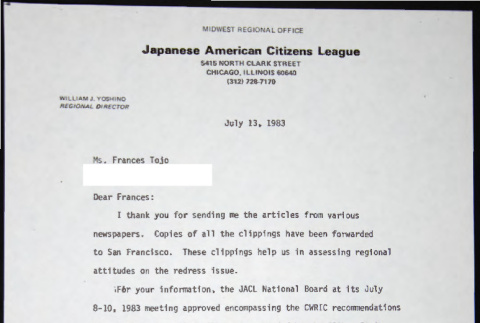 Letter to Frances Tojo from Bill Yoshino (ddr-chijacl-1-762)