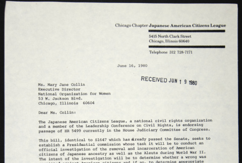 Letter to Mary Jane Collin of the National Organization for Women  from Miye Tomihiro (ddr-chijacl-1-134)