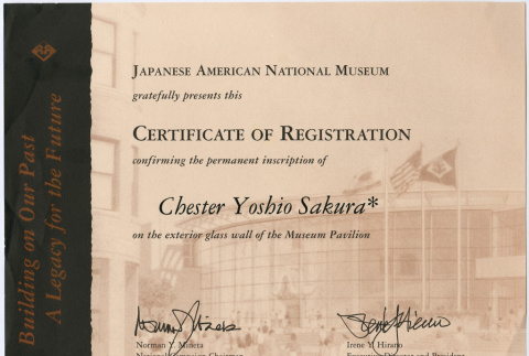 Certificate of Registration at JANM for Chester Yoshio Sakura (ddr-densho-523-696)