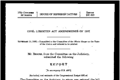 102d Congress 2d Session, House of Reprasentatives report 102-863, Civil Liberties Act amendments of 1992 (ddr-csujad-55-2093)