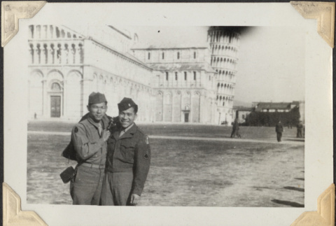 Two men with Leaning Tower of Pisa in background (ddr-densho-466-781)