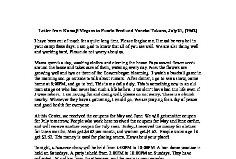 Letter from Kumaji Meguro to Fumio Fred and Yoneko Takano, July 21, 1942, English translation (ddr-csujad-42-57)