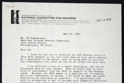 Letter to Ed Nakawatase of the American Friends Service Committee from John Tateishi (ddr-chijacl-1-152)