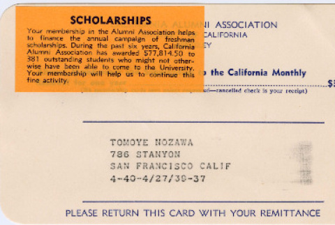 Alumni Membership card for University of California Berkeley (ddr-densho-410-241)