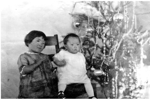 Toddler and baby in front of Christmas tree (ddr-densho-494-23)