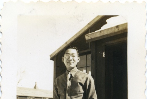 Soldier in front of barracks (ddr-densho-22-365)