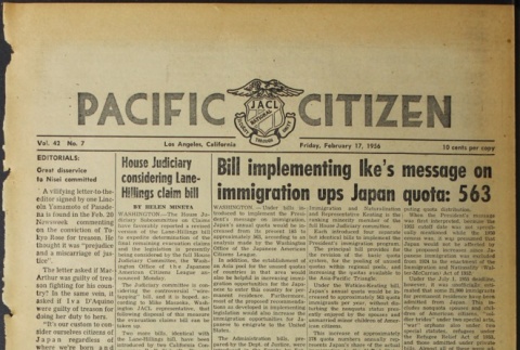 Pacific Citizen, Vol. 42, No. 7 (Febuary 17, 1956) (ddr-pc-28-7)
