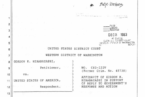 Affidavit of Gordon K. Hirabayashi in Support of Reply to Government's Response and Motion (ddr-densho-72-99)