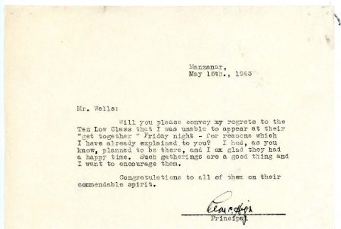 Letter from Leon C. High, Principal, to Mr. Harry Bentley Wells, May 15, 1943 (ddr-csujad-48-72)